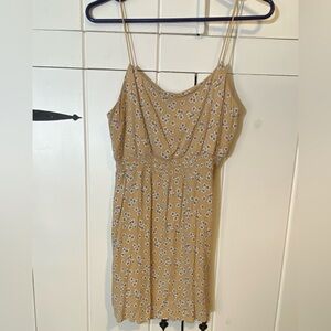 Blue Jasmine Taupe Floral Print Sundress with Spaghetti Straps and Lined Bodice.